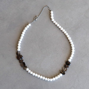 no.29 ステンレスパール＆スモーキークオーツネックレス plus pearl & smoky quartz necklace